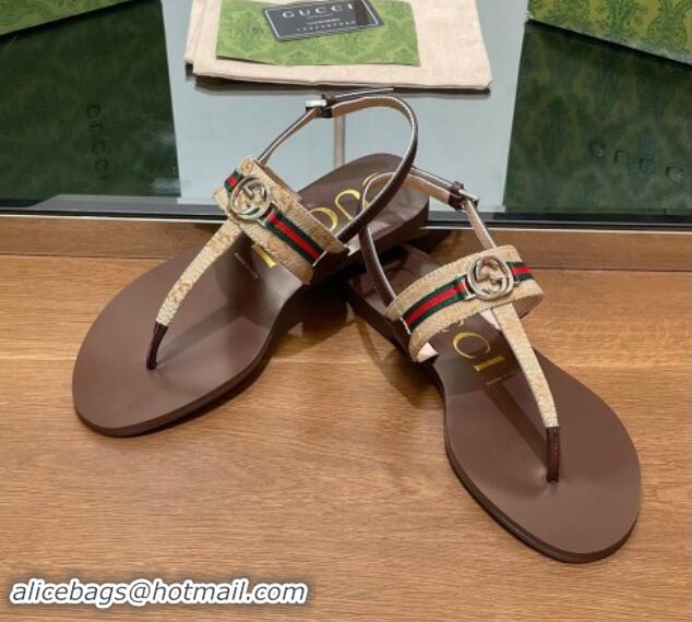 Best Product Gucci Interlocking G Web GG Canvas Flat Thong Sandals Beige 814132