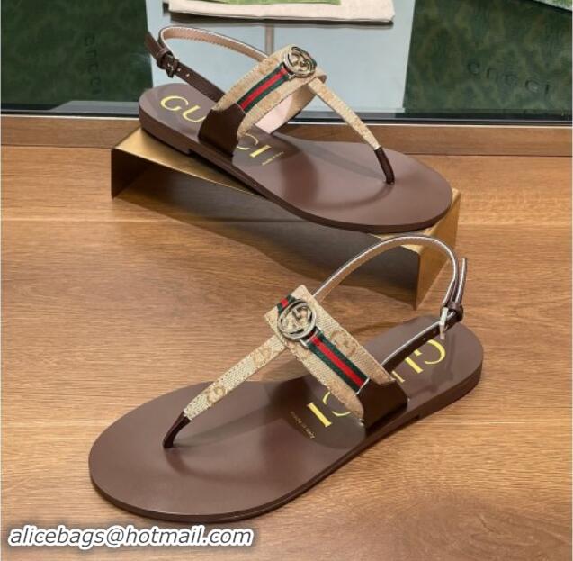 Best Product Gucci Interlocking G Web GG Canvas Flat Thong Sandals Beige 814132