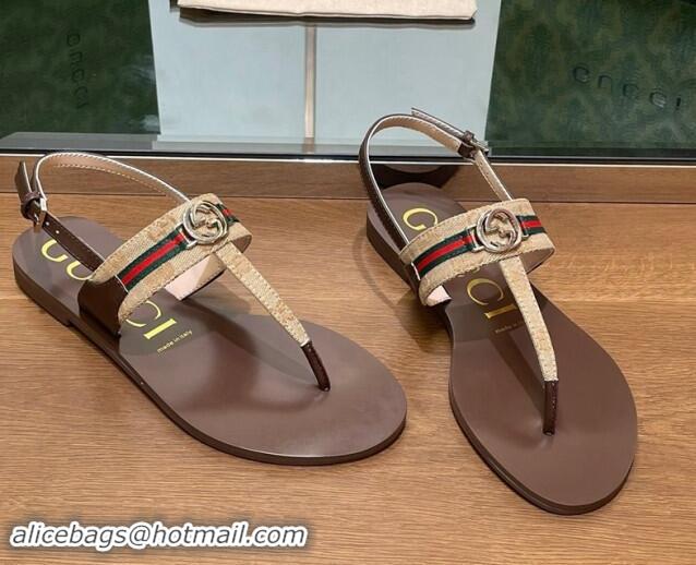 Best Product Gucci Interlocking G Web GG Canvas Flat Thong Sandals Beige 814132