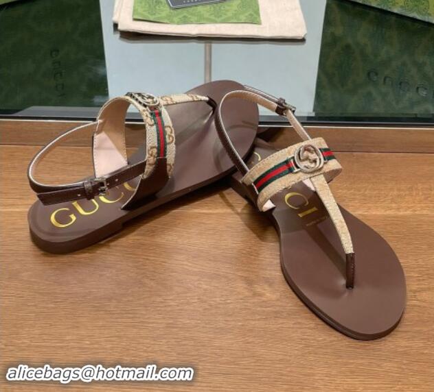 Best Product Gucci Interlocking G Web GG Canvas Flat Thong Sandals Beige 814132