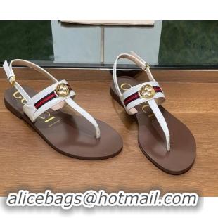 Shop Duplicate Gucci Interlocking G Web Leather Flat Thong Sandals White 814133