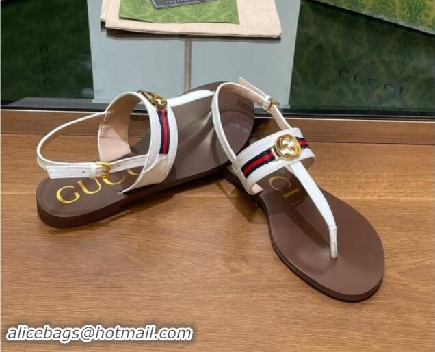 Shop Duplicate Gucci Interlocking G Web Leather Flat Thong Sandals White 814133