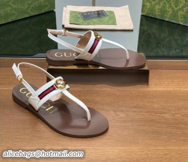 Shop Duplicate Gucci Interlocking G Web Leather Flat Thong Sandals White 814133