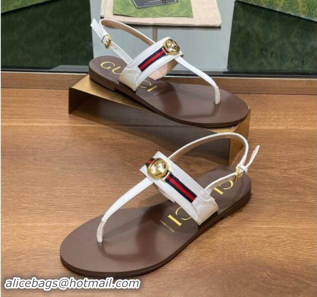 Shop Duplicate Gucci Interlocking G Web Leather Flat Thong Sandals White 814133