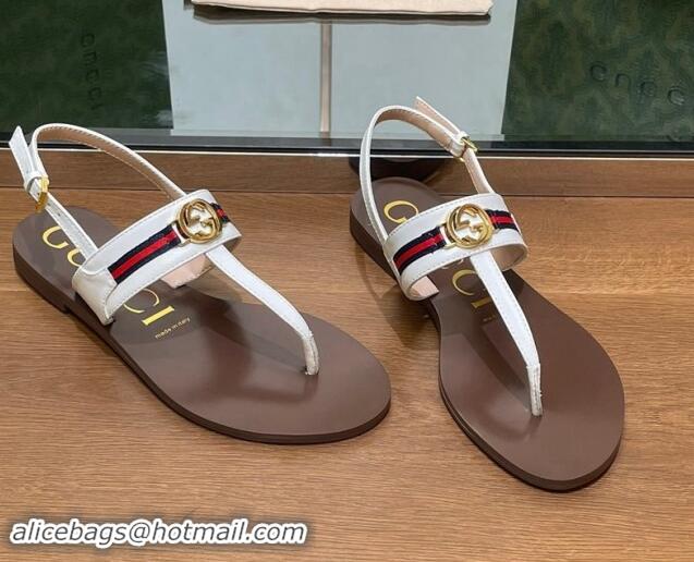 Shop Duplicate Gucci Interlocking G Web Leather Flat Thong Sandals White 814133