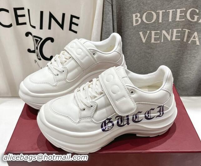 Good Quality Gucci Wave Wedge Sneakers 6.3cm in White Leather with GUCCI Print 906003