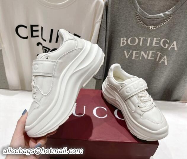 Good Quality Gucci Wave Wedge Sneakers 6.3cm in White Leather with GUCCI Print 906003