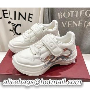 Stylish Gucci Wave Wedge Sneakers 6.3cm in White Leather with Chinese Dragon Print 906005