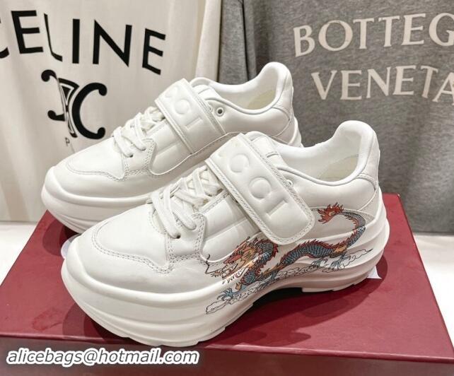 Stylish Gucci Wave Wedge Sneakers 6.3cm in White Leather with Chinese Dragon Print 906005