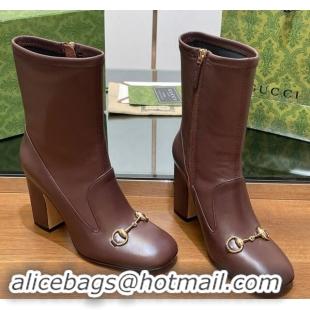 Top Design Gucci Leather Horsebit Heel Ankle Boots 6.5cm Brown 906010