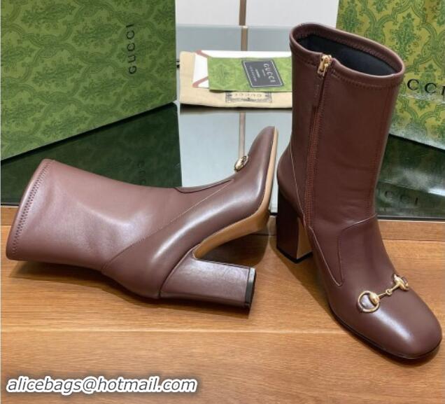 Top Design Gucci Leather Horsebit Heel Ankle Boots 6.5cm Brown 906010