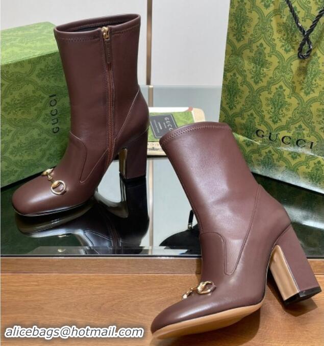 Top Design Gucci Leather Horsebit Heel Ankle Boots 6.5cm Brown 906010