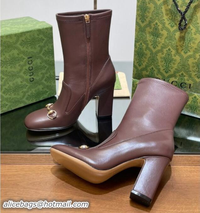 Top Design Gucci Leather Horsebit Heel Ankle Boots 6.5cm Brown 906010