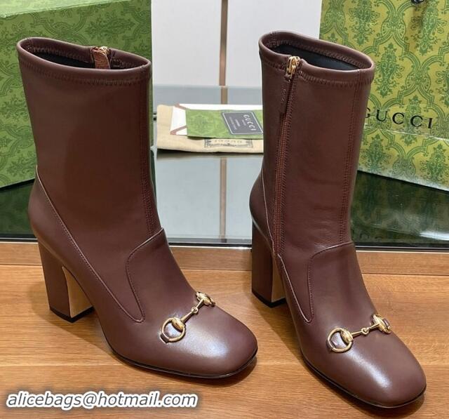 Top Design Gucci Leather Horsebit Heel Ankle Boots 6.5cm Brown 906010