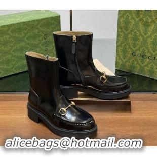 Buy Luxury Gucci Shiny Leather Horsebit Ankle Boots 4.5cm Black 906013