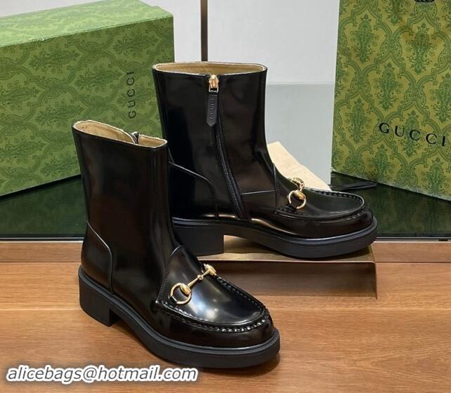 Buy Luxury Gucci Shiny Leather Horsebit Ankle Boots 4.5cm Black 906013