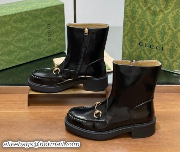 Buy Luxury Gucci Shiny Leather Horsebit Ankle Boots 4.5cm Black 906013