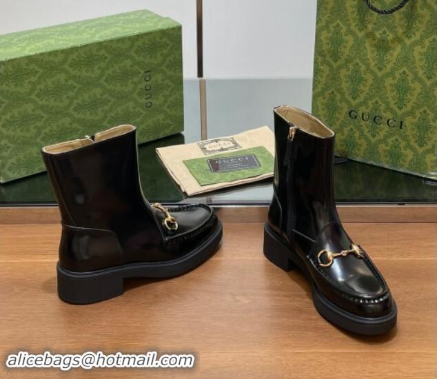 Buy Luxury Gucci Shiny Leather Horsebit Ankle Boots 4.5cm Black 906013