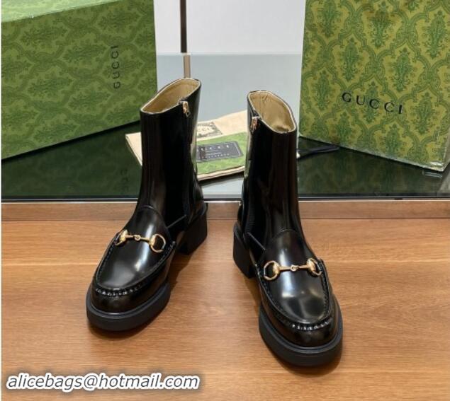 Buy Luxury Gucci Shiny Leather Horsebit Ankle Boots 4.5cm Black 906013