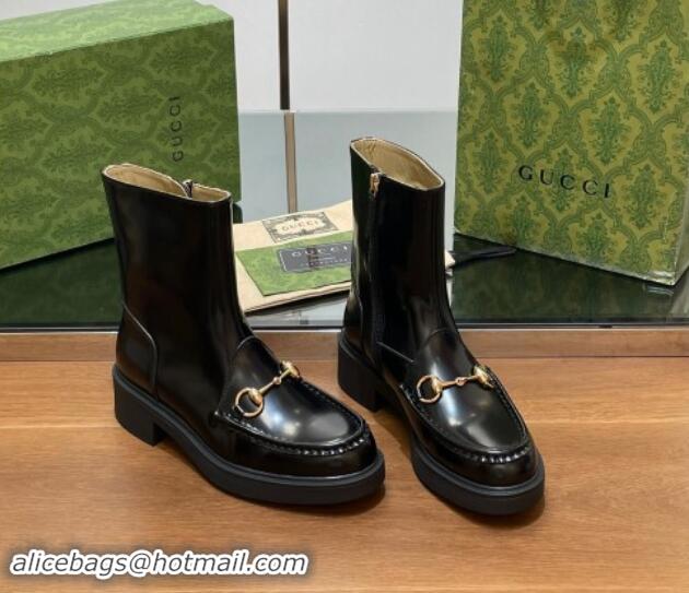 Buy Luxury Gucci Shiny Leather Horsebit Ankle Boots 4.5cm Black 906013