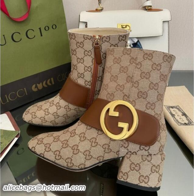 1:1 Gucci Blondie GG Canvas Ankle Boot 5.5cm Light Brown 906018