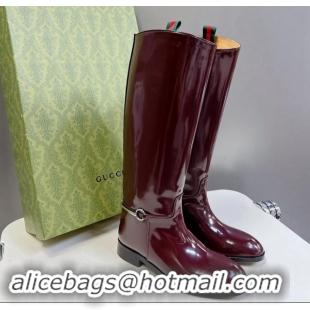 Classic Hot Gucci Slim Horsebit High Flat Boots in Shiny Leather Burgundy 906028