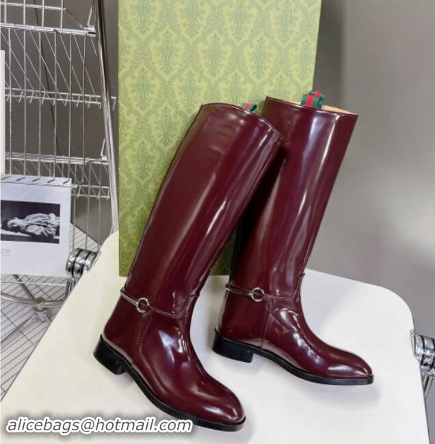 Classic Hot Gucci Slim Horsebit High Flat Boots in Shiny Leather Burgundy 906028