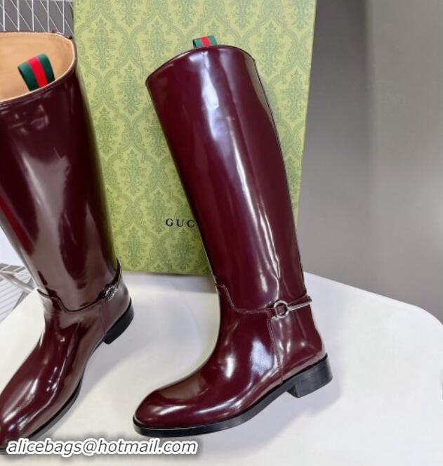 Classic Hot Gucci Slim Horsebit High Flat Boots in Shiny Leather Burgundy 906028