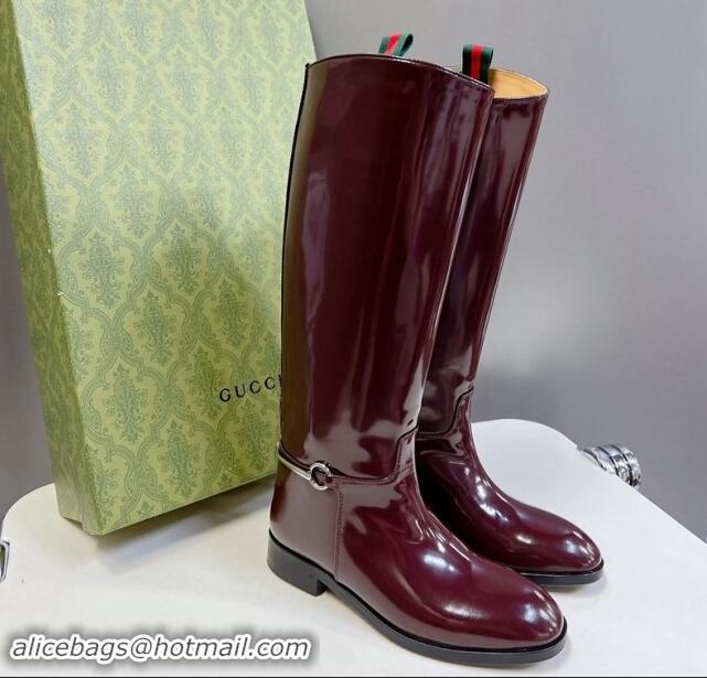 Classic Hot Gucci Slim Horsebit High Flat Boots in Shiny Leather Burgundy 906028