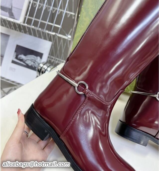 Classic Hot Gucci Slim Horsebit High Flat Boots in Shiny Leather Burgundy 906028