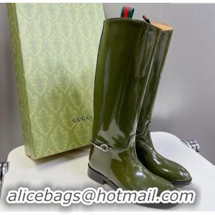 Cheap Price Gucci Slim Horsebit High Flat Boots in Shiny Leather Green 906029