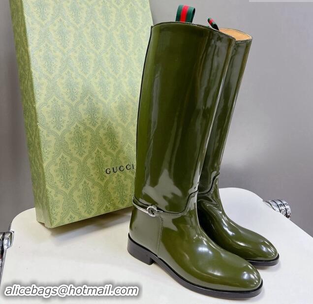 Cheap Price Gucci Slim Horsebit High Flat Boots in Shiny Leather Green 906029