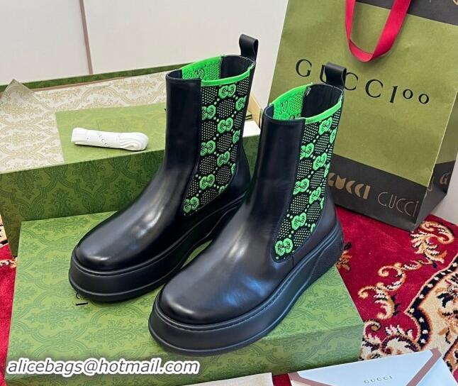 Durable Gucci GG Knit and Leather Platform Ankle Boots 4.5cm Black/Green 906030