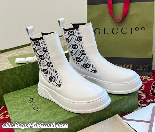 Good Product Gucci GG Knit and Leather Platform Ankle Boots 4.5cm White 906031