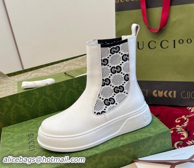 Good Product Gucci GG Knit and Leather Platform Ankle Boots 4.5cm White 906031