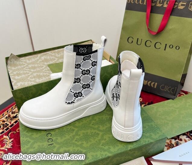 Good Product Gucci GG Knit and Leather Platform Ankle Boots 4.5cm White 906031