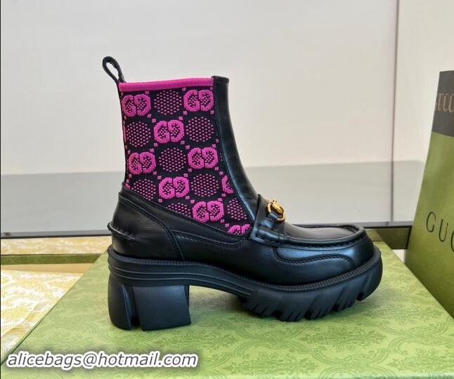 Sumptuous Gucci Horsebit Platform Ankle Boots in GG Knit and Leather 6cm Black/Pink 906033