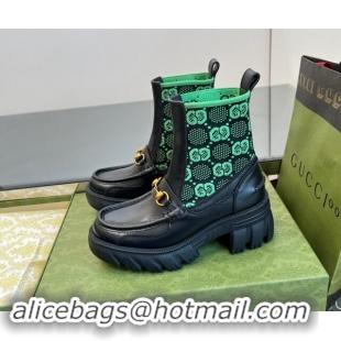 Big Discount Gucci Horsebit Platform Ankle Boots in GG Knit and Leather 6cm Black/Green 906034