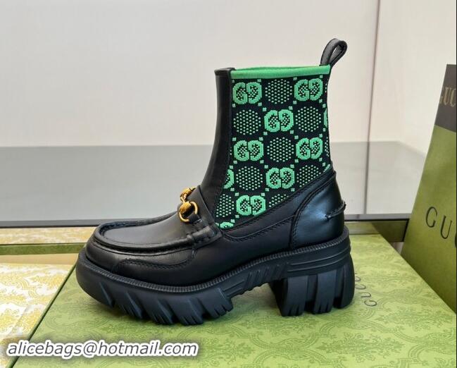 Big Discount Gucci Horsebit Platform Ankle Boots in GG Knit and Leather 6cm Black/Green 906034