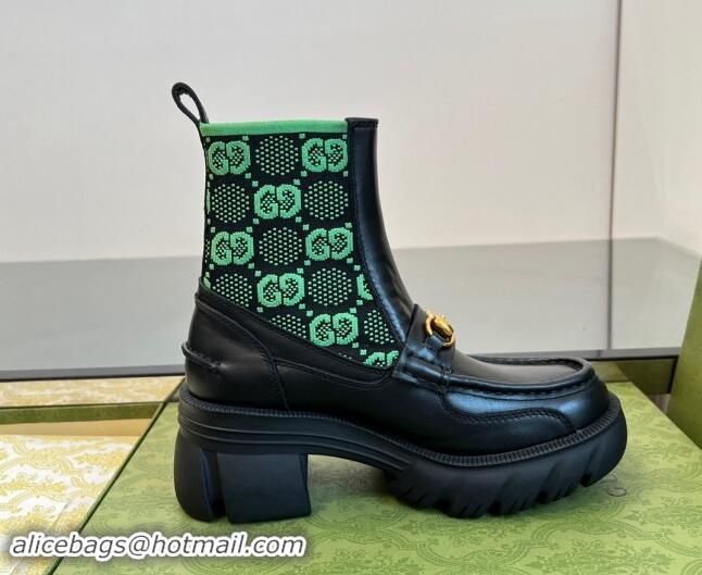 Big Discount Gucci Horsebit Platform Ankle Boots in GG Knit and Leather 6cm Black/Green 906034