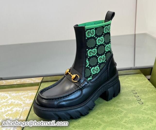 Big Discount Gucci Horsebit Platform Ankle Boots in GG Knit and Leather 6cm Black/Green 906034