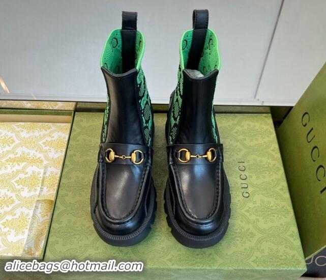 Big Discount Gucci Horsebit Platform Ankle Boots in GG Knit and Leather 6cm Black/Green 906034