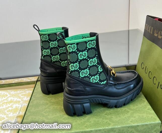 Big Discount Gucci Horsebit Platform Ankle Boots in GG Knit and Leather 6cm Black/Green 906034