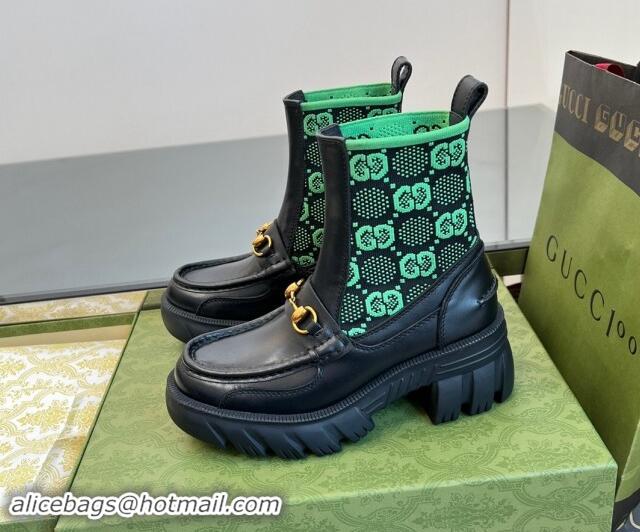 Big Discount Gucci Horsebit Platform Ankle Boots in GG Knit and Leather 6cm Black/Green 906034