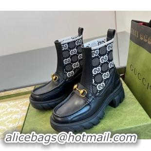 Grade Quality Gucci Horsebit Platform Ankle Boots in GG Knit and Leather 6cm Black/White 906035