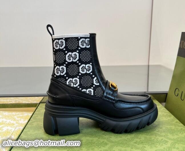 Grade Quality Gucci Horsebit Platform Ankle Boots in GG Knit and Leather 6cm Black/White 906035