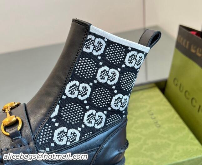 Grade Quality Gucci Horsebit Platform Ankle Boots in GG Knit and Leather 6cm Black/White 906035