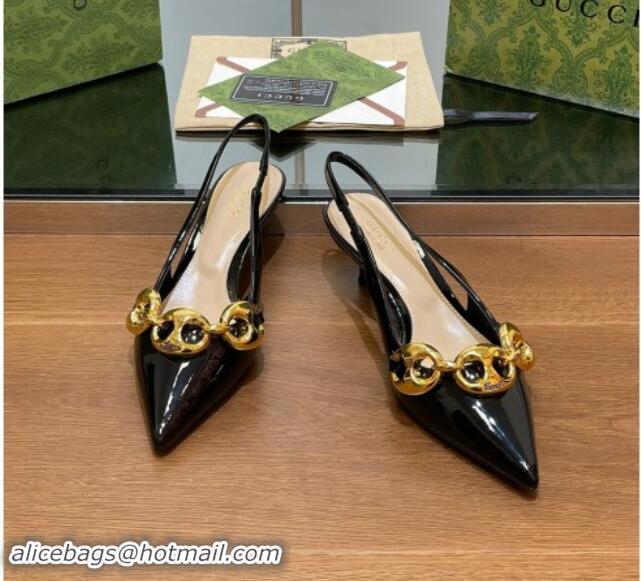 Duplicate Gucci Patent Leather Slingback Pumps 4.5cm with Marina Chain Black 906036