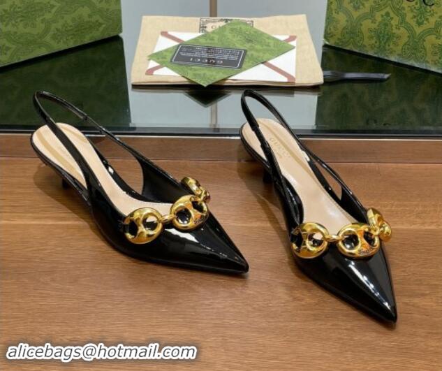 Duplicate Gucci Patent Leather Slingback Pumps 4.5cm with Marina Chain Black 906036