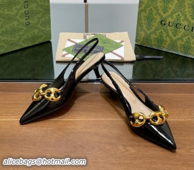 Duplicate Gucci Patent Leather Slingback Pumps 4.5cm with Marina Chain Black 906036